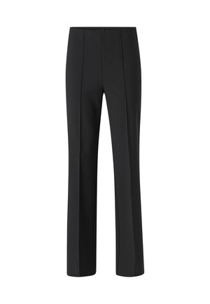 Zwarte op maat gemaakte broek met een recht design, voorzien van voorpijpen en een gladde, gestructureerde stof. Geen zichtbare zakken of versieringen.