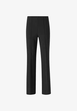 Zwarte op maat gemaakte broek met een recht design, voorzien van voorpijpen en een gladde, gestructureerde stof. Geen zichtbare zakken of versieringen.