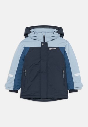 Children’s navy and light blue winter jacket with hood, zip and snap closure, two zippered front pockets, and Didriksons logo on chest.