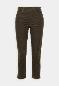 Donkergroene corduroy broek met een rechte pijp, voorzien van een knoop- en ritssluiting en voorzakken. Subtiele ribbelstructuur.
