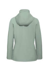 Lichtgroene softshell jas met capuchon, lange mouwen en een gladde textuur. Achteraanzicht met minimale naden en een strak design.