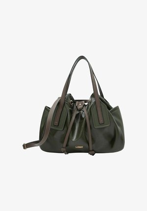 Large green leather handbag with smooth and textured panels, dual top handles, and adjustable shoulder strap; features gold logo accent.