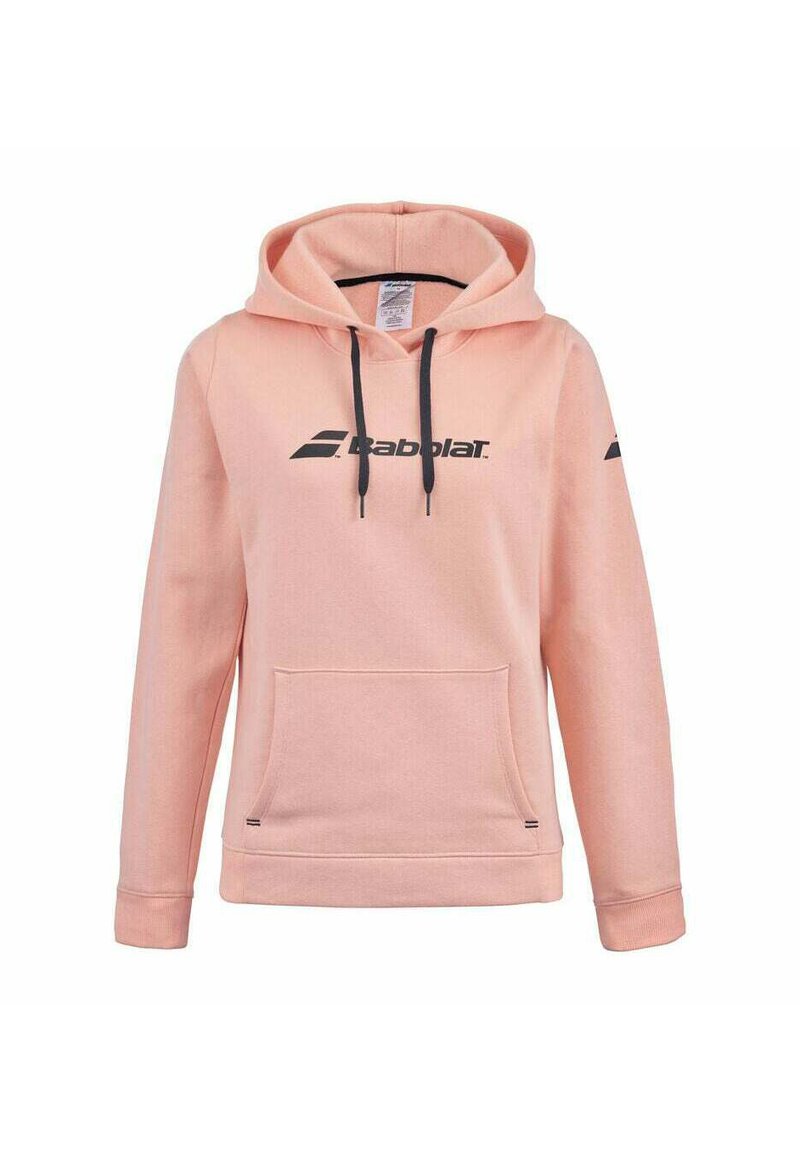 Sudadera rosa hecha de una tela suave, con un bolsillo delantero, capucha con cordón y un logo negro en el pecho y la manga.