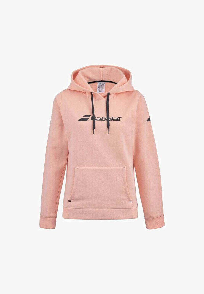 Sudadera rosa hecha de una tela suave, con un bolsillo delantero, capucha con cordón y un logo negro en el pecho y la manga.