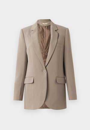 Beige blazer laget av glatt stoff, med slagkrage, enslig knappelukking, og to frontlommer, med en kontrasterende brun fôr.