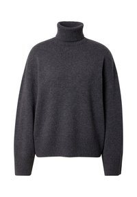 Dunkelgrauer Rollkragenpullover aus weichem, strukturiertem Strickmaterial. Mit gerippten Bündchen und Saum, im lockeren Schnitt und mit überschnittenen Schultern.