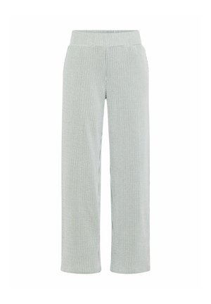 Pantalon large en maille côtelée gris clair avec ceinture élastique, style décontracté et confortable.
