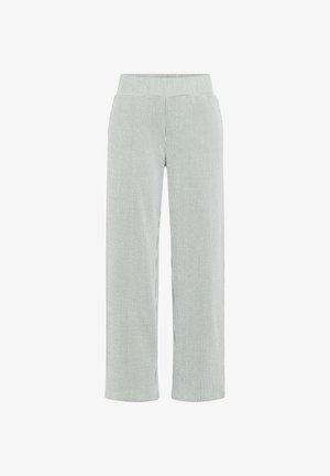 Pantalon large en maille côtelée gris clair avec ceinture élastique, style décontracté et confortable.