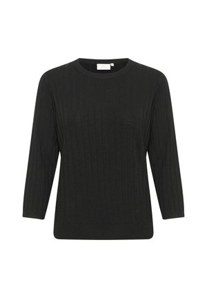 Pull noir en maille côtelée avec un col rond et des manches trois-quarts. Présente une coupe droite et une texture douce.