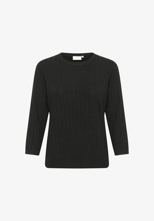 Pull noir en maille côtelée avec un col rond et des manches trois-quarts. Présente une coupe droite et une texture douce.