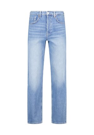 Lichtblauwe straight-leg jeans met een vervaagde wassing, vijfzakkenontwerp en metalen knoopsluiting. Katoenen materiaal met zichtbare stikseldetails.