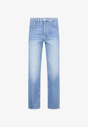 Lichtblauwe straight-leg jeans met een vervaagde wassing, vijfzakkenontwerp en metalen knoopsluiting. Katoenen materiaal met zichtbare stikseldetails.