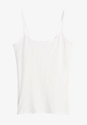 Camisola bianca in cotone con spalline sottili e regolabili, scollatura rotonda e un design semplice, senza decorazioni. Tessuto morbido, materiale leggero.