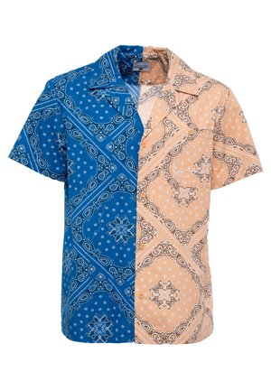 Short-sleeve shirt divided into blue and peach sections, featuring intricate paisley patterns, soft fabric, and a pointed collar.