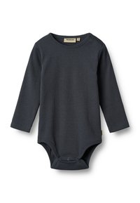 Body bébé à manches longues gris foncé avec boutons-pression sur l'épaule et à l'entrejambe, tissu côtelé, disposé à plat sur fond blanc.