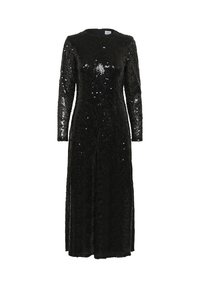Rochie neagră, cu mâneci lungi, din material cu paiete, având un guler înalt și o siluetă dreaptă, care se extinde până la jumătatea gambei.