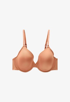 Bra color pesca con coppe lisce e sagomate, spalline regolabili e bordi senza cuciture. Realizzato in tessuto elastico per comfort e supporto.