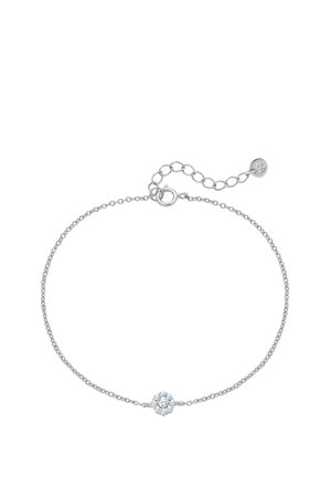 Pulsera de plata con un diseño de cadena delicado, que presenta un acento central de cristal redondo y un cierre ajustable con una pequeña etiqueta circular.