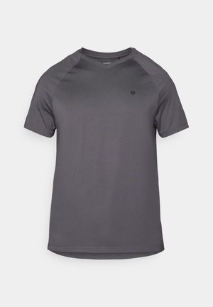Gray athletic T-shirt featuring a round neckline, short raglan sleeves, and a smooth texture with a logo on the left side.