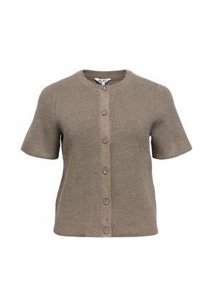 Cardigan à manches courtes en maille côtelée taupe avec un col rond et une fermeture à sept boutons sur le devant. Texture douce, design ajusté avec coutures latérales.