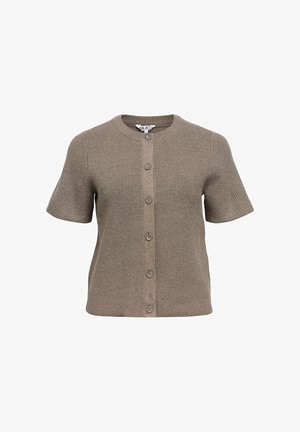 Lühikeste volangidega ribakardigan hallikaspruuni värviga, ümarakaelusega ja seitsme nupuga esise closure. Pehme tekstuur, keha külge hästi istuv disain külgõmblustega.