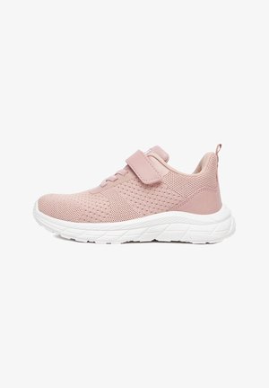 Scarpa da ginnastica rosa con tomaia in mesh traspirante, cinturino in Velcro e suola in gomma bianca. Presenta materiale strutturato e tallone rinforzato.