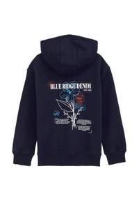 Felpa blu navy con una grafica floreale rossa e blu sul retro, con il testo "BLUE RIDGE DENIM EST. 1962" integrato sopra.