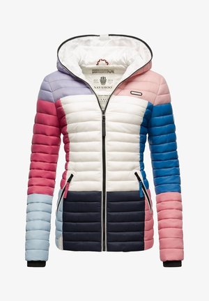 Piumino color block con cappuccio, parte anteriore bianca, fondo blu navy, maniche rosa, blu e viola, chiusura frontale con zip e tasche con zip.