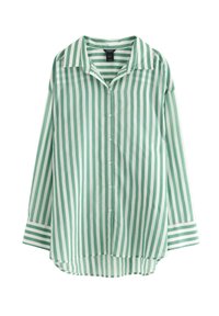 Camicia a maniche lunghe con bottoni, a righe verticali verdi e bianche, colletto a punta e polsini a righe orizzontali.