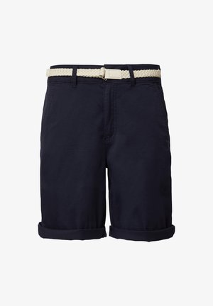 Navy plave kratke hlače od pamuka s pletenim bež remenom. Imaju prevrnute manžete i prednje džepove. Glatka tekstura s klasičnim dizajnom.