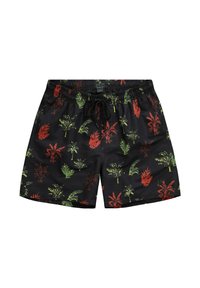 Shorts de bain noirs avec un motif tropical coloré de feuilles rouges et vertes. Taille élastique avec cordon de serrage et poches latérales.