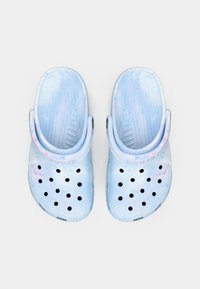 Blue and pink marbled clogs with ventilation holes, flexible material, and a back strap for secure fit. Designed for comfort and breathability.