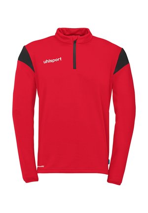 Haut de sport rouge à manches longues avec col zippé mi-haut. Présente des accents noirs aux épaules et un logo brodé sur la poitrine. Tissu au toucher lisse.