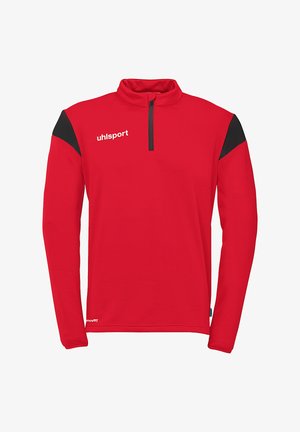 Haut de sport rouge à manches longues avec col zippé mi-haut. Présente des accents noirs aux épaules et un logo brodé sur la poitrine. Tissu au toucher lisse.