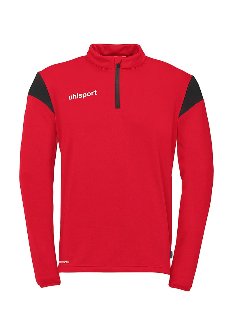 Rød langærmet træningstrøje med halvlukket krave. Har sorte detaljer på skuldrene og broderet logo på brystet. Glat stof tekstur.