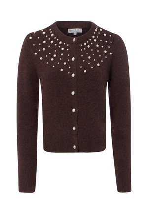 Dunkelbrauner langärmliger Strickjacke mit rundem Ausschnitt, verziert mit verstreuten Perlen auf der Brust und Perlenknöpfen vorne.