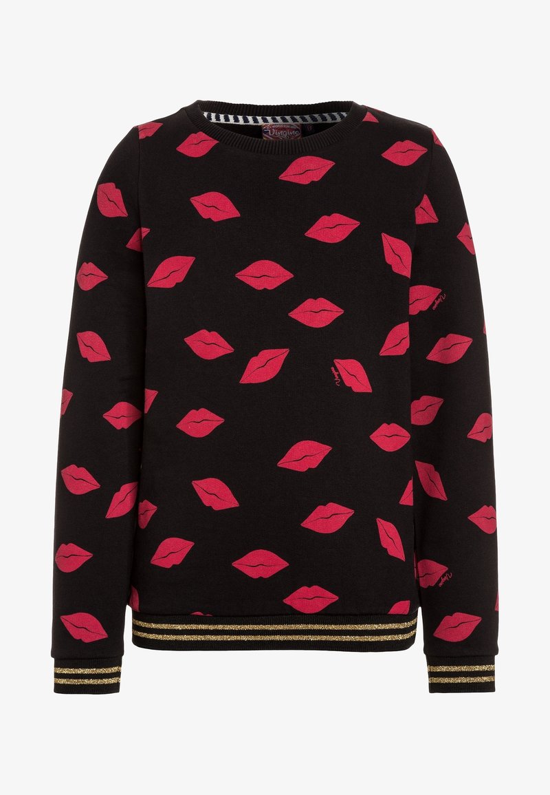 Sweat-shirt noir à manches longues avec des imprimés de lèvres rouges partout et des poignets et un ourlet rayés dorés.