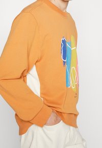 Sudadera naranja con cuello redondo, que presenta un diseño abstracto colorido en el frontal. Paneles laterales blancos y puños acanalados detallan el diseño.