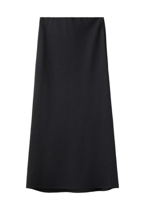 Jupe midi noire en ligne A avec une texture lisse et une ceinture simple, présentée sur fond blanc.