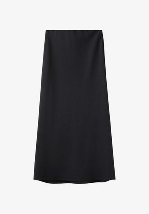 Černá midi sukně áčkového střihu s hladkou texturou a jednoduchým pasem, zobrazena na bílém pozadí.