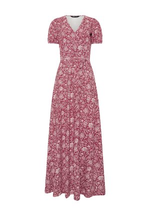 Vestido largo envolvente rojo con estampado floral blanco, mangas cortas abullonadas, escote en V y cinturón lateral de lazo.