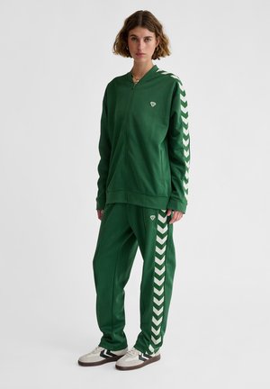 Tuta verde con giacca zip e pantaloni abbinati, caratterizzata da strisce a zigzag bianche contrastanti sulle maniche e sulle gambe.