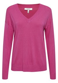 Fuchsia V-ringad tröja i mjukt stickat tyg, med långa ärmar och ribbade detaljer vid kragen och fållen. Klassisk passform med sidssprund.