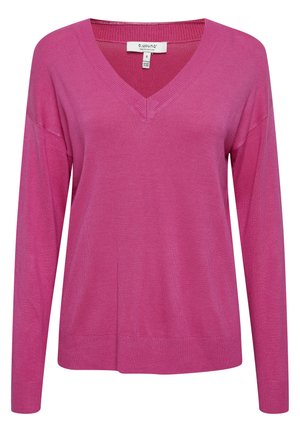 Fuchsia V-neck sweater made of soft knit fabric, featuring long sleeves and ribbed accents at the collar and hem. Classic fit with side slits.