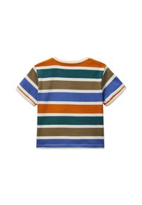 T-shirt à manches courtes pour tout-petit avec de larges rayures horizontales en orange, vert, marron, bleu et blanc, vu de dos.