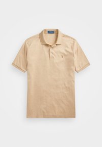 Camisa polo beige de algodón con cuello acanalado, tapeta de tres botones y logo bordado en el lado izquierdo del pecho. Manga corta.