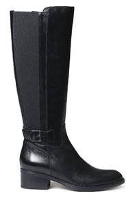 Stivale in pelle nera alto fino al ginocchio con finitura liscia, pannello elastico e dettaglio in fibbia argentata alla caviglia. Design con tacco quadrato.