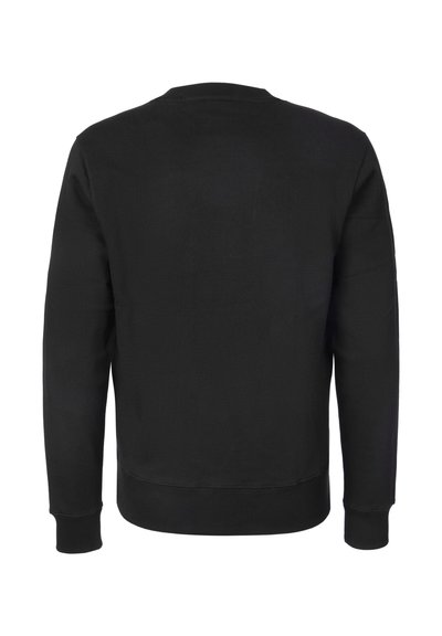 Černá mikina s dlouhým rukávem a kulatým výstřihem zobrazená zezadu s žebrovanými manžetami a lemem.