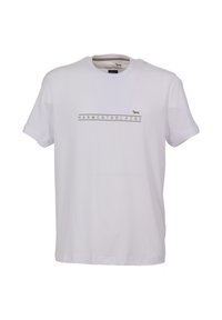 White cotton t-shirt with crew neck, short sleeves, and a horizontal brand logo in gray across the chest, featuring a small dog graphic.
