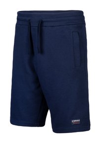 Navy blue cotton shorts with ribbed waistband, drawstring, side pockets, and small logo patch on left hem.